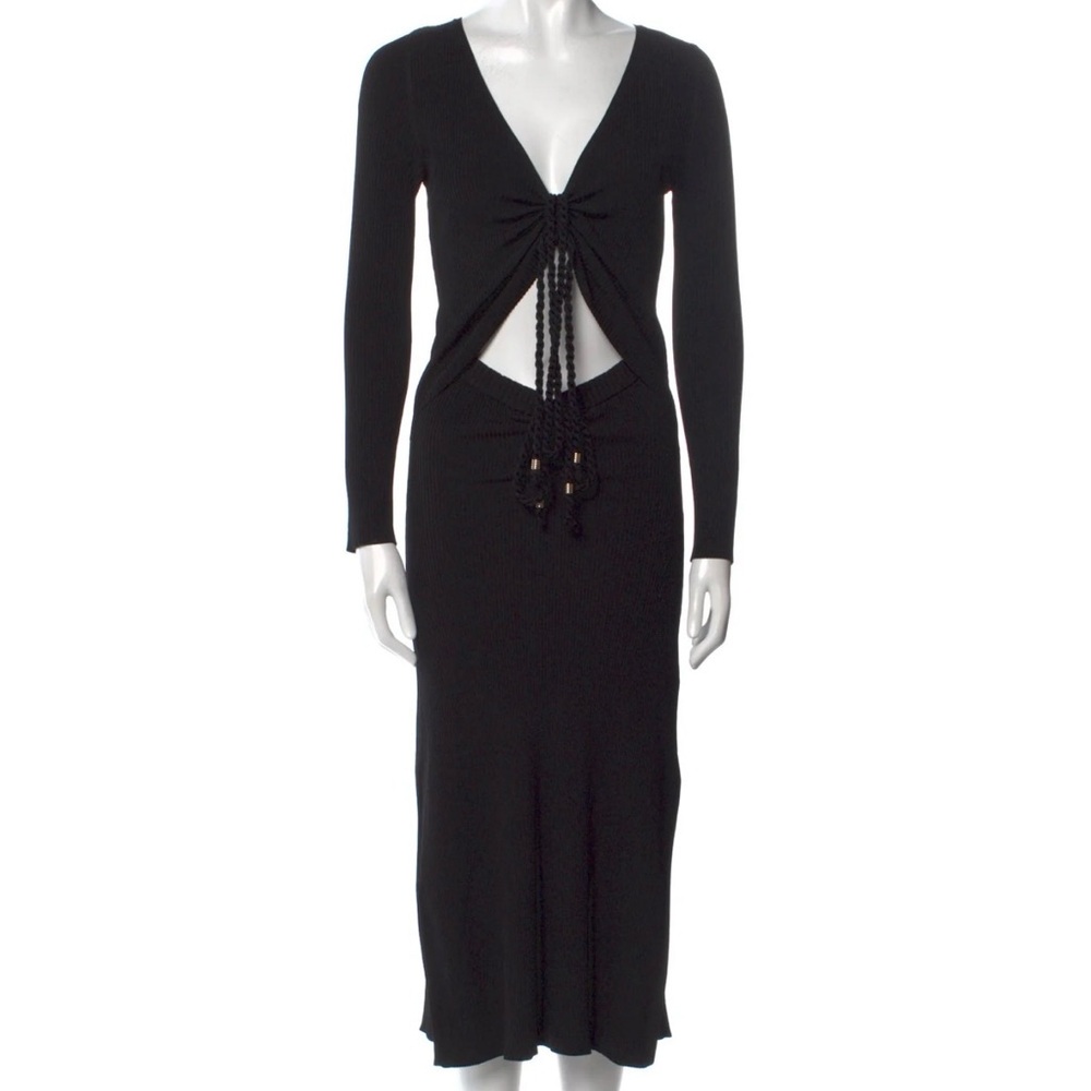 NICHOLAS Black Ribbed Long-Sleeve Ruched Cutout Drawstring Midi Dress, Small